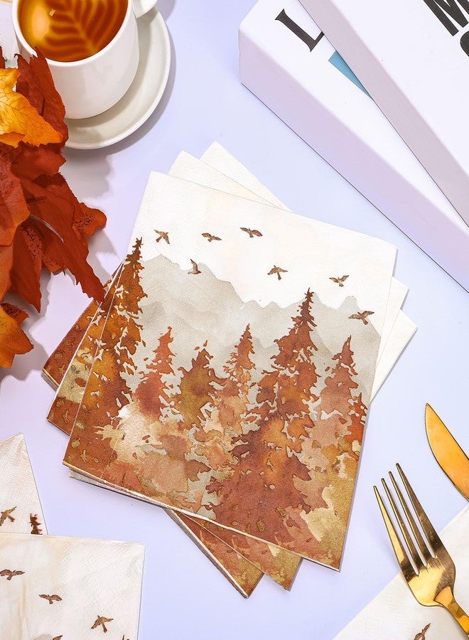 وولاين مجموعة مناديل ورقية من والين، ٥٠ قطعة، بتصميم ألوان مائية لأشجار الصنوبر والطيور، مناسبة لعيد الشكر الخريفي، للاستخدام مرة واحدة، مثالية للغداء والعشاء، ولحفلات الخريف. - Image 3